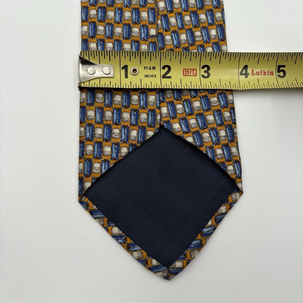 Ermenegildo Zegna Tie Mens Gold Blue Silver Geometric Silk Woven Italy Dress - Picture 6 of 6